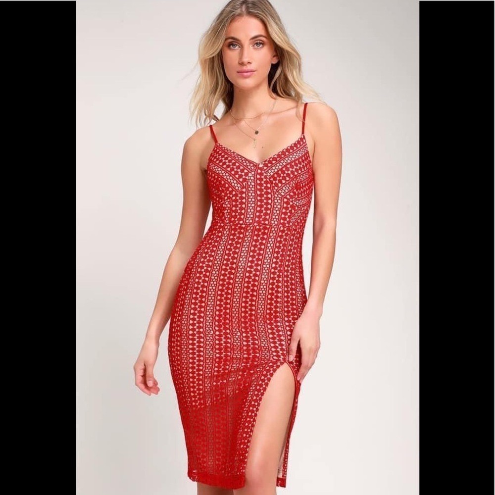 NWT Lulus Crochet Lace Midi Dress Womens Red Bodycon Sleeveless Cocktail 🔥‎